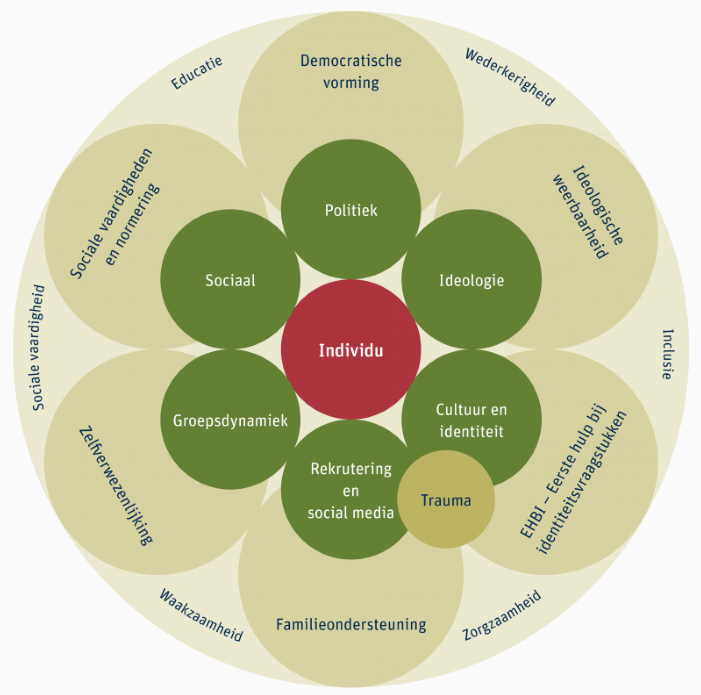 Caleidoscoop van Ranstorp met schematische weergave riscofactoren en beschermende factoren radicalisering