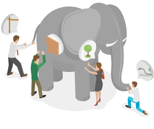 Illusttartie waarop verschillende mensen een ander deel van een olifant betasten
